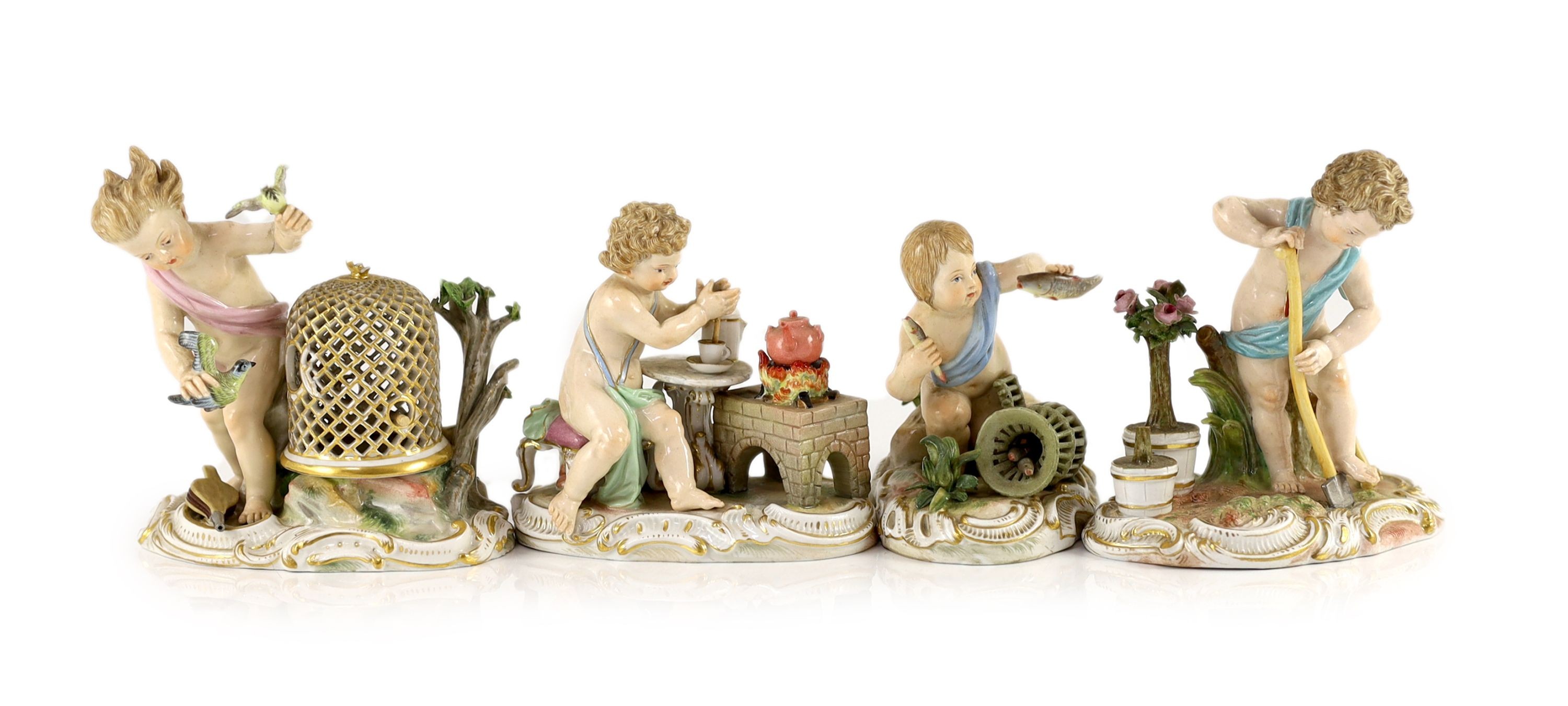 A set of four Meissen figures emblematic of the Elements, late 19th century, tallest 12.5cm high, minor faults